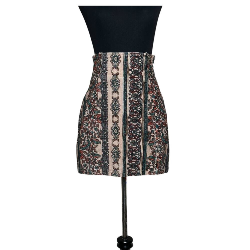 Free People beige green orange floral corduroy high waisted mini skirt size 0